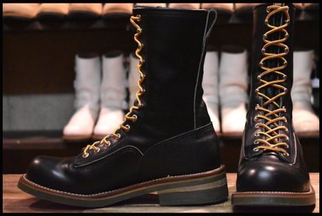 【8.5C 美品 羽タグ 96年】レッドウィング 919 ロガー 黒 ブラッククローム 編み上げ 緑ソール ロング ブーツ redwing HOPESMORE