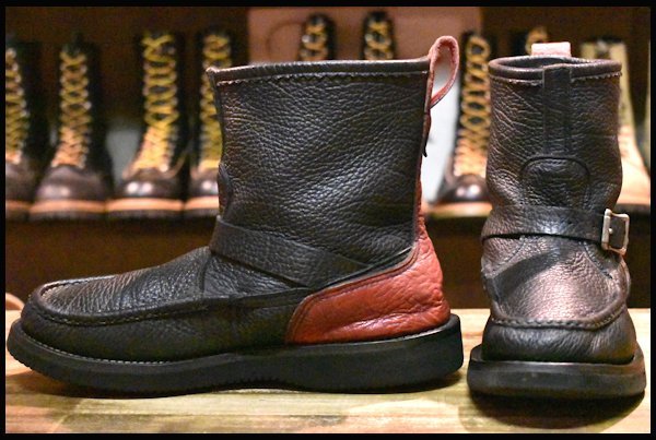 【8E 良品】RUSSELL MOCCASIN ラッセルモカシン ノックアバウト ブラック×レッド 黒×赤 ツートン シボ革 モックトゥ ブーツ  HOPESMORE