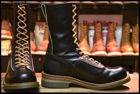 【8.5C 美品 羽タグ 96年】レッドウィング 919 ロガー 黒 ブラッククローム 編み上げ 緑ソール ロング ブーツ redwing HOPESMORE