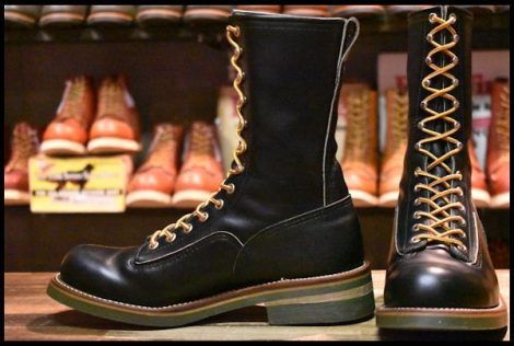 【8.5C 美品 羽タグ 96年】レッドウィング 919 ロガー 黒 ブラッククローム 編み上げ 緑ソール ロング ブーツ redwing HOPESMORE