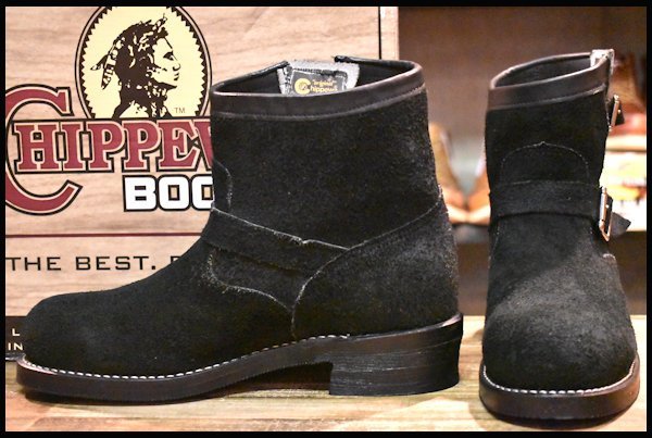 【9E 美品 黒タグ】Chippewa チペワ 91096 黒スエード ショートエンジニア ブラックオデッサリバース 黒 スチールトゥ ブーツ  HOPESMORE