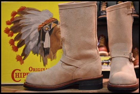 【7E 箱付 良品 白タグ】Chippewa チペワ エンジニア 91071 サンドスエード スチールトゥ ベージュ ラフアウト ビブラム ブーツ HOPESMORE