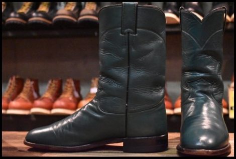 【9B 良品】JUSTIN ジャスティン ウエスタンブーツ 3088 グリーン 緑 ビンテージ プルオン ローパー リオスオブメルセデス HOPESMORE