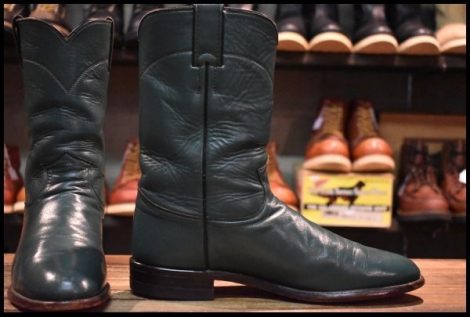 【9B 良品】JUSTIN ジャスティン ウエスタンブーツ 3088 グリーン 緑 ビンテージ プルオン ローパー リオスオブメルセデス HOPESMORE