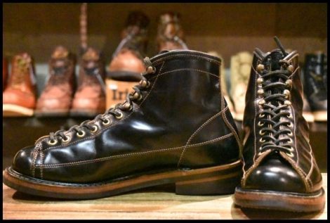 【8.5? 良品】LONE WOLF BOOTS ローンウルフブーツ ワイヤーマン ブラック ガラスレザー 黒 キャッツポウ レースアップ HOPESMORE
