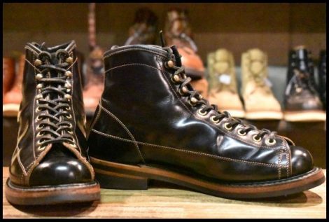 【8.5? 良品】LONE WOLF BOOTS ローンウルフブーツ ワイヤーマン ブラック ガラスレザー 黒 キャッツポウ レースアップ HOPESMORE