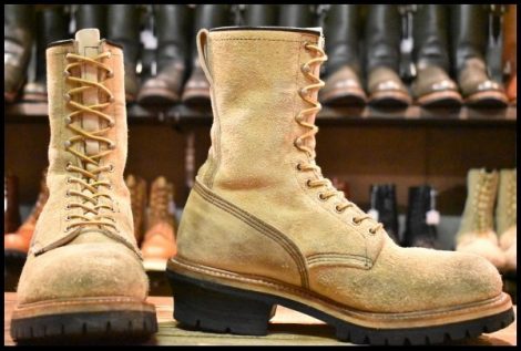 【9.5D 良品 PT91刺繍 98年】レッドウィング 8218 スエード ロガー タンラフアウト ベージュ 編み上げ ロング ブーツ redwing HOPESMORE