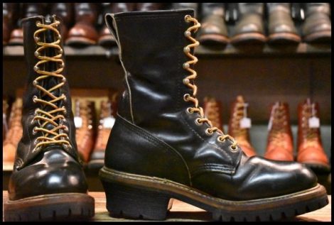 【7D 良品 PT91 93年09月刻印】レッドウィング 2218 ロガー 黒 ブラッククローム スチールトゥ 編み上げ ブーツ redwing HOPESMORE