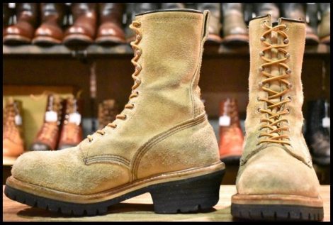 【7.5D 良品 PT91刺繍 98年】レッドウィング 8218 スエード ロガー タンラフアウト ベージュ 編み上げ ロング ブーツ redwing HOPESMORE