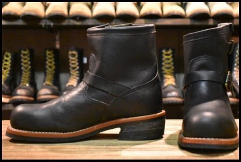 【8E 良品 黒タグ】Chippewa チペワ 91002 ショートエンジニア 7インチハイト オイルドレザー ビブラム ブラック 黒 ブーツ HOPESMORE