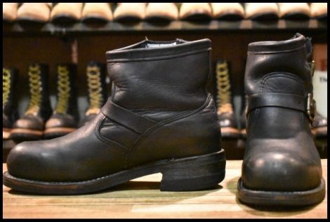 【9E 良品 白タグ】Chippewa チペワ 91002 ショートエンジニア 7インチハイト オイルドレザー ビブラム ブラック 黒 ブーツ HOPESMORE