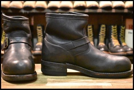 【9E 良品 白タグ】Chippewa チペワ 91002 ショートエンジニア 7インチハイト オイルドレザー ビブラム ブラック 黒 ブーツ HOPESMORE
