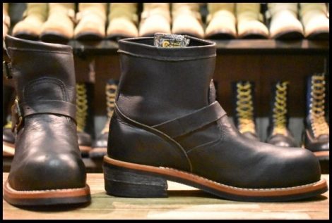 【8E 良品 黒タグ】Chippewa チペワ 91002 ショートエンジニア 7インチハイト オイルドレザー ビブラム ブラック 黒 ブーツ HOPESMORE