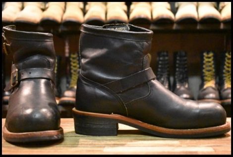 【9.5E 良品 黒タグ】Chippewa チペワ 91002 ショートエンジニア 7インチハイト オイルドレザー ビブラム ブラック 黒 ブーツ HOPESMORE