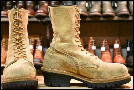 【7.5D 良品 PT91刺繍 98年】レッドウィング 8218 スエード ロガー タンラフアウト ベージュ 編み上げ ロング ブーツ redwing HOPESMORE