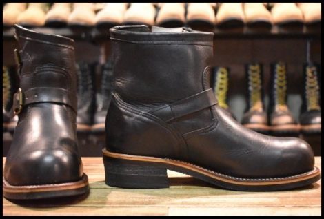 【8E 良品 白タグ】Chippewa チペワ 91002 ショートエンジニア 7インチハイト オイルドレザー ビブラム ブラック 黒 ブーツ HOPESMORE