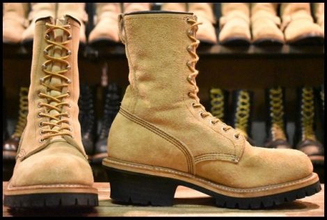 【9D 美品 PT91刺繍】レッドウィング 8218 スエード ロガー タンラフアウト ベージュ 編み上げ ロング ブーツ 8211 redwing HOPESMORE