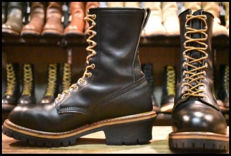 【9D 美品 PT91刺繍】レッドウィング 2218 ロガー 黒 ブラッククローム スチールトゥ 編み上げ ロング ブーツ redwing HOPESMORE