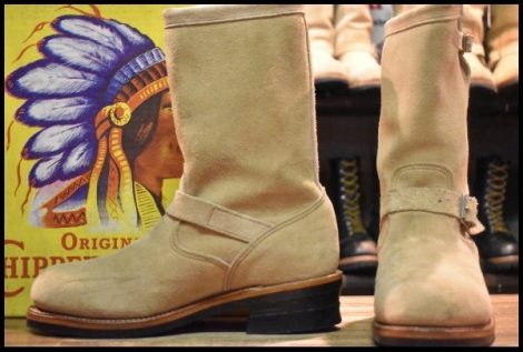 【8E 箱付 美品 PT83 黒タグ 93年】Chippewa チペワ スエード エンジニア 90863 サンドスエード ベージュ スチールトゥ ブーツ HOPESMORE