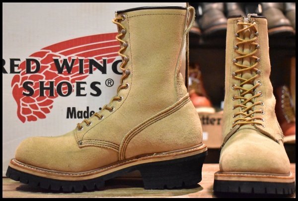 【8D 箱付 美品 PT91刺繍 98年】レッドウィング 8218 スエード ロガー タンラフアウト ベージュ 編み上げ ロング ブーツ redwing HOPESMORE