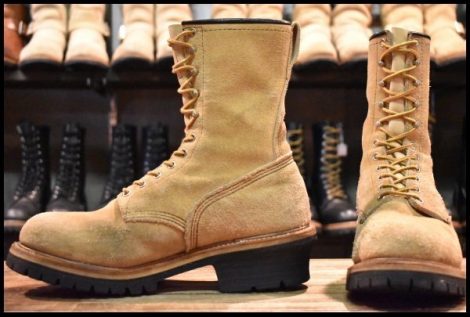 【10D 良品 PT91刺繍 98年】レッドウィング 8218 スエード ロガー タンラフアウト ベージュ 編み上げ ロング ブーツ redwing HOPESMORE