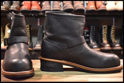 【8E 良品 白タグ】Chippewa チペワ 91002 ショートエンジニア 7インチハイト オイルドレザー ビブラム ブラック 黒 ブーツ HOPESMORE