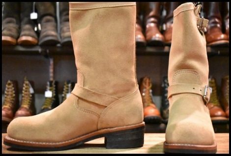 【8.5E 美品 黒タグ】Chippewa チペワ サンドスエード エンジニア 91071 スチールトゥ ベージュ 茶 ラフアウト ブーツ HOPESMORE