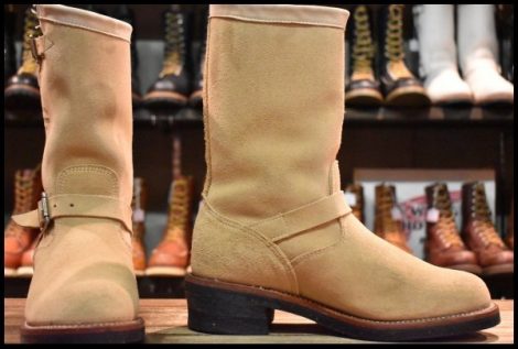 【8.5E 美品 黒タグ】Chippewa チペワ サンドスエード エンジニア 1901M06 スチール無し ベージュ 茶 ラフアウト ブーツ HOPESMORE