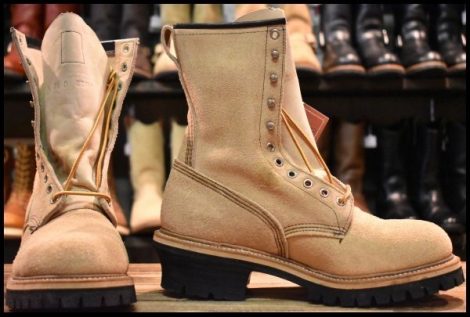 【8.5D DEAD PT91刺繍 98年】レッドウィング 8218 スエード ロガー タンラフアウト ベージュ 編み上げ ロング ブーツ redwing HOPESMORE