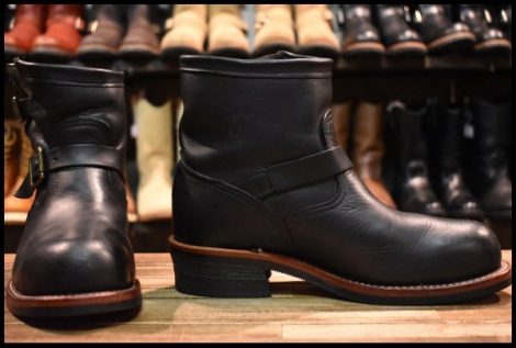 【9E 良品 白タグ】Chippewa チペワ 91002 ショートエンジニア 7インチハイト オイルドレザー ビブラム ブラック 黒 ブーツ HOPESMORE