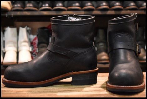 【9E 良品 白タグ】Chippewa チペワ 91002 ショートエンジニア 7インチハイト オイルドレザー ビブラム ブラック 黒 ブーツ HOPESMORE