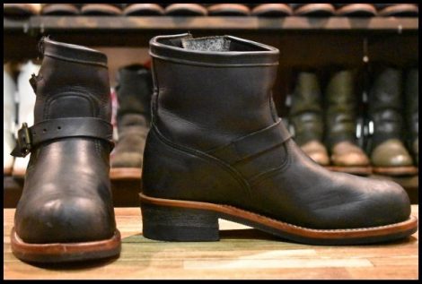 【9E 良品 白タグ】Chippewa チペワ 91002 ショートエンジニア 7インチハイト オイルドレザー ビブラム ブラック 黒 ブーツ HOPESMORE