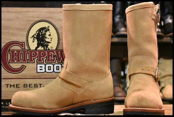 【8E 箱付 良品 黒タグ】Chippewa チペワ サンドスエード エンジニア 91071 スチールトゥ ベージュ 茶 ラフアウト ブーツ HOPESMORE